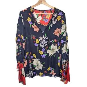Kobi Halperin Dark Floral Print Silk Bell Sleeve V Neck Blouse Women's Medium